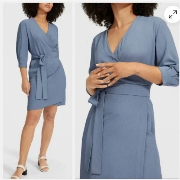 EVERLANE Japanese GoWeave Wrap Dress Blue Three Quarter Sleeve 10 - Picture 8 of 8
